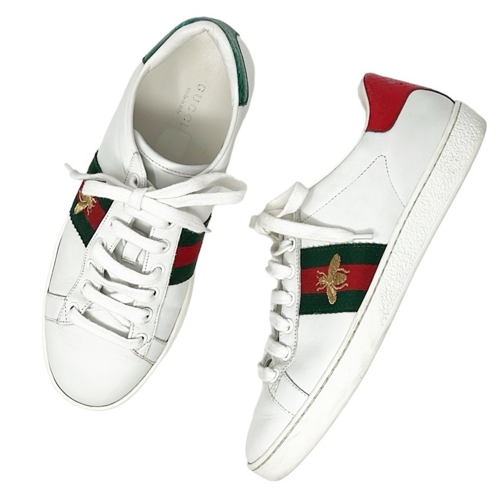 Gucci Ace Bee White Leather Lace Up Sneakers